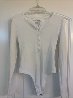 American Eagle Outfitters White Long-Sleeve Ribbed Henley Bodysuit